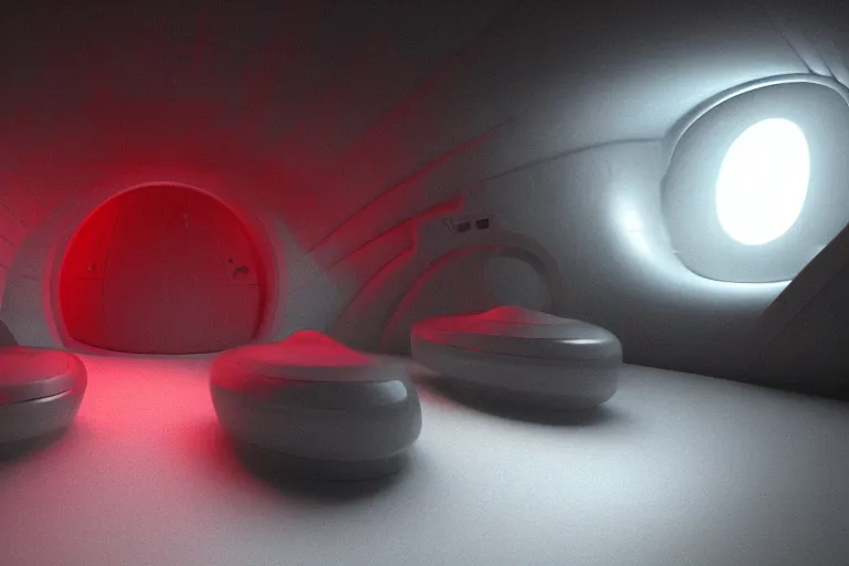 Image similar to interior of cryogenic pods room inisde an alien spaceship, red light on pods, volumetric lighting, atmospheric