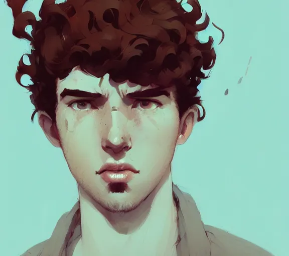 Image similar to portrait man with red curly hair and bright eyes, by atey ghailan, by greg rutkowski, by greg tocchini, by james gilleard, by joe fenton, by kaethe butcher, by ashley wood, dynamic lighting, gradient light blue, brown, blonde cream and white color scheme, grunge aesthetic