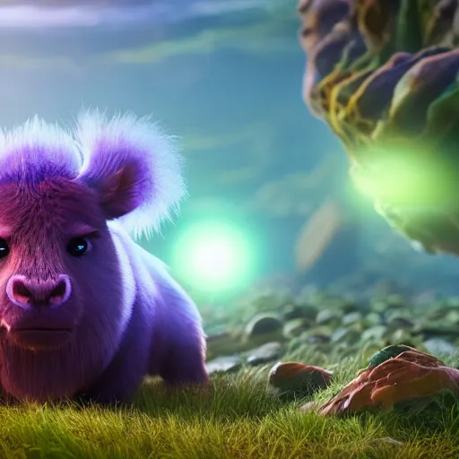 Image similar to yak, expressive eyes, floating, rbc, radiolaria, protophyta, micro - organisms, center frame, symmetric, rim light, marine microbiology, bioluminescence, electric, fur, soft, concept art, intricate details, highly detailed, colorful, photorealistic, disney pixar, octane render, iridescent, anime