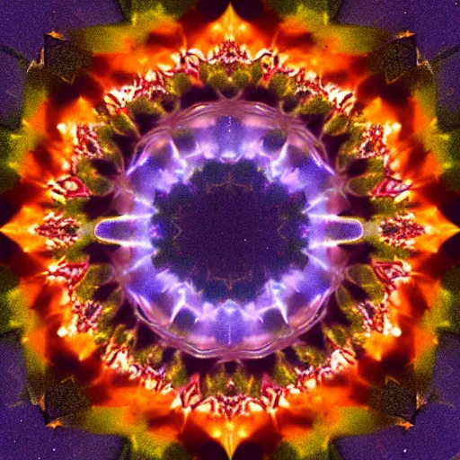 Image similar to “the aurora borealis in winter as viewed through a kaleidoscope.”