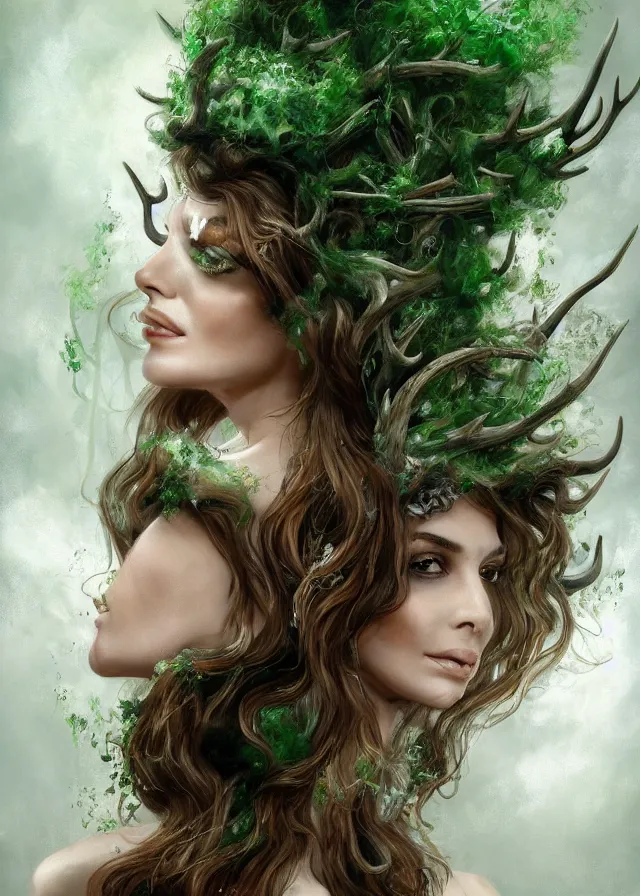 Prompt: a highly detailed painting of a supremely beautiful dream woman in a white dress, brown hair floating weightless in green smoke and stone antlers, inspiration stephanie seymour, ornella muti, kelly brook, gal gadot, ominous, foreboding, moody, hd, concept art, artstation, deviantart,