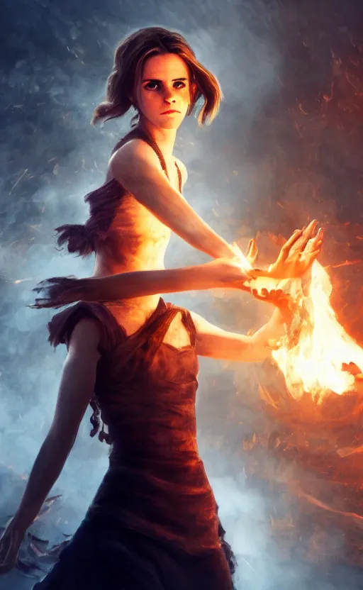 Image similar to Emma Watson casting a fire spell. Digital art trending on artstation. 4k. Indie videogame light.