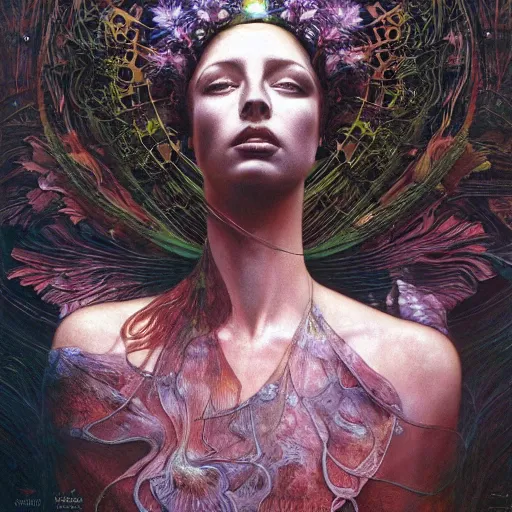 Image similar to queen of jupiter by zdzisław beksinski, iris van herpen, raymond swanland, craig mullins and alphonse mucha. highly detailed, hyper - real, beautiful