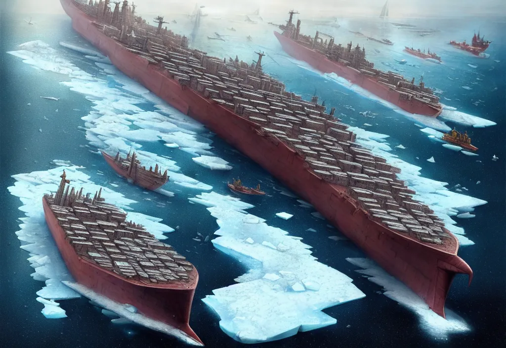 Prompt: one enormous gigantic steel ship - shaped fortress - city sailing across an icy cold ocean. masterpiece, cinematic, hyperdetailed, photorealistic, hyperrealism, octane rendering, depth of field, bokeh, architecture, shadows, aerial view, art by tom bagshaw, geof darrow