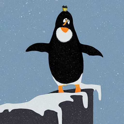 Prompt: A penguin on a icy cliff dressed as a gothic emo. Illustration