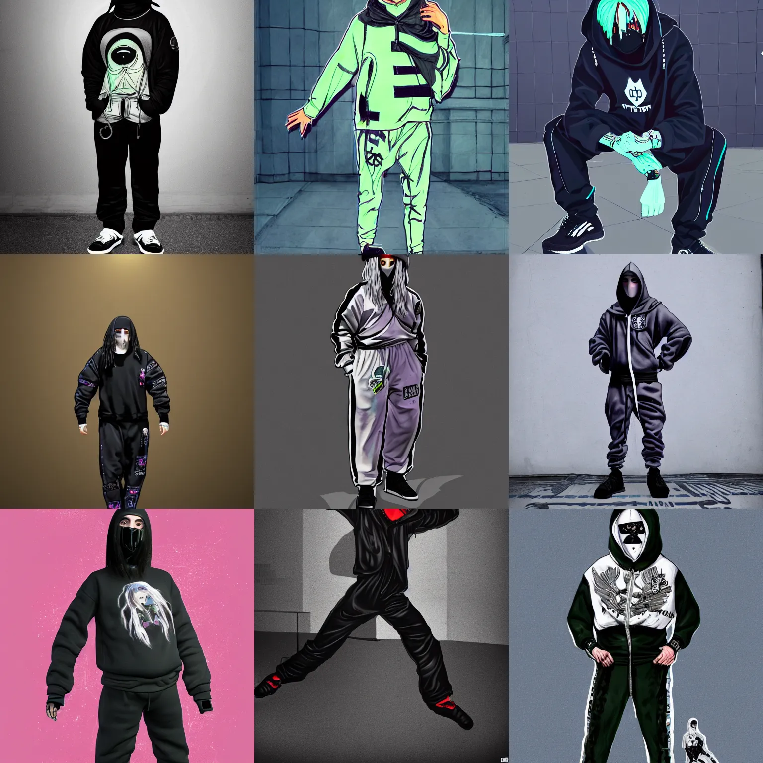 Prompt: a detailed full body cinematic photo of a fashionable gopnik ghostemane ninja wearing a cybergoth tracksuit outfit by william gropper, magic realism, nanopunk, dieselpunk, beeple, cgsociety, crisp, low angle shot