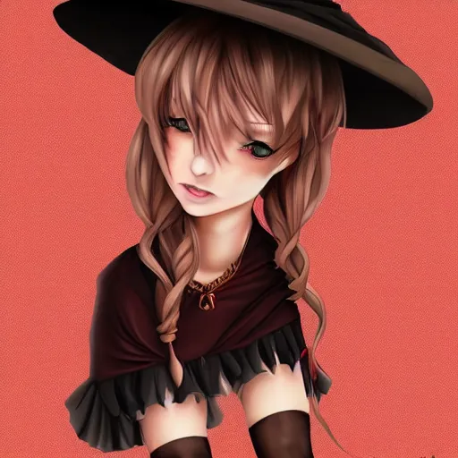 Prompt: young witch, brunette, checked stockings, short dress, huge hat, full bodyshot, anime, fantasy, portrait, highly detailed, headshot, digital painting, trending on artstation, concept art by miaormoa