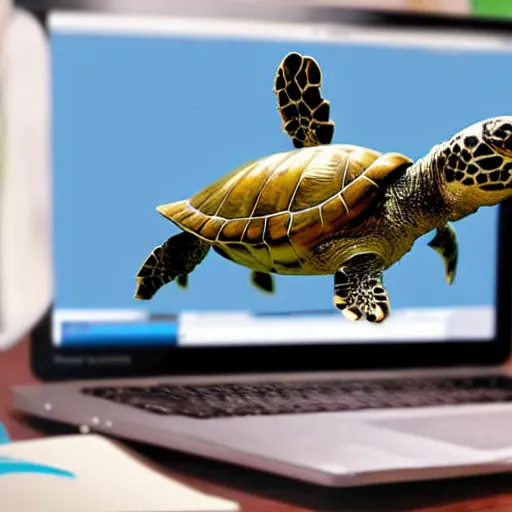 Prompt: a smart turtle wearing glasses typing on a computer with it's flipper