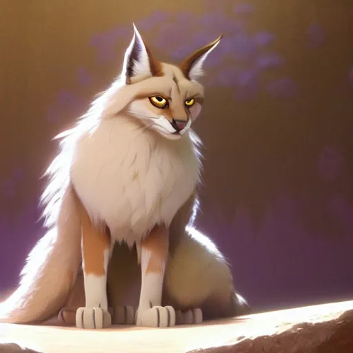 Prompt: a wholesome animation key shot of a cute fluffy caracal wearing white robe, studio ghibli, pixar and disney animation, sharp, rendered in unreal engine 5, anime key art by greg rutkowski, bloom, dramatic lighting