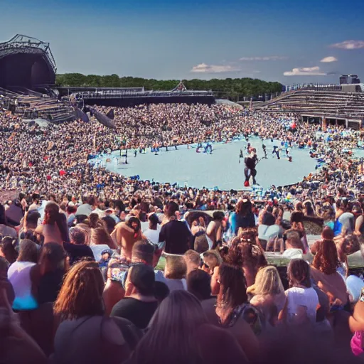 Prompt: photo of a group of people, focus on people dancing, jones beach amphitheater, focused and realistic picture