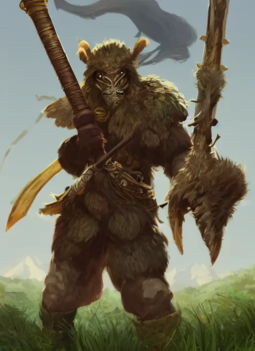 Image similar to strong young man, photorealistic bugbear ranger, black beard, dungeons and dragons, pathfinder, roleplaying game art, hunters gear, flaming sword, jeweled ornate leather armour, concept art, character design on white background, by studio ghibli, makoto shinkai, kim jung giu, poster art, game art