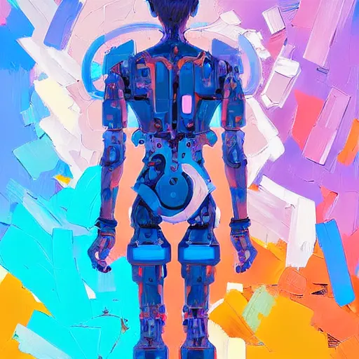 Prompt: palette knife artwork of a cyborg, sharp focus, wide view, full body shot, smooth, digital illustration, by james jean, by rossdraws, frank franzzeta, sakimichan