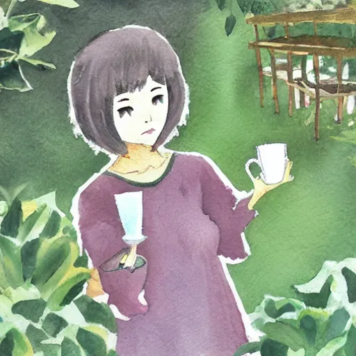 Prompt: hanako tanaka drinking coffee in the garden. watercolor by the award - winning comic artist
