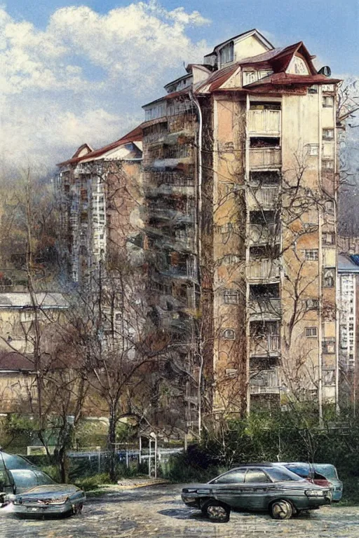 Image similar to russian suburbs building, artwork by Noriyoshi Ohrai