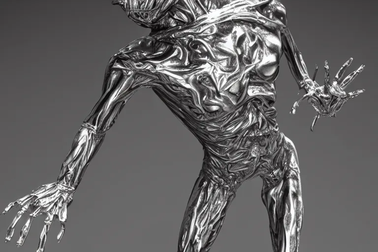 Image similar to stylized shiny polished silver statue full body extra limbs bizarre cosmic horror demonic demon made of marble of disney character mickey mouse, perfect symmetrical body, perfect symmetrical face, hyper realistic, hyper detailed, by johannen voss, by michelangelo, octane render, blender, 8 k, displayed in pure white studio room