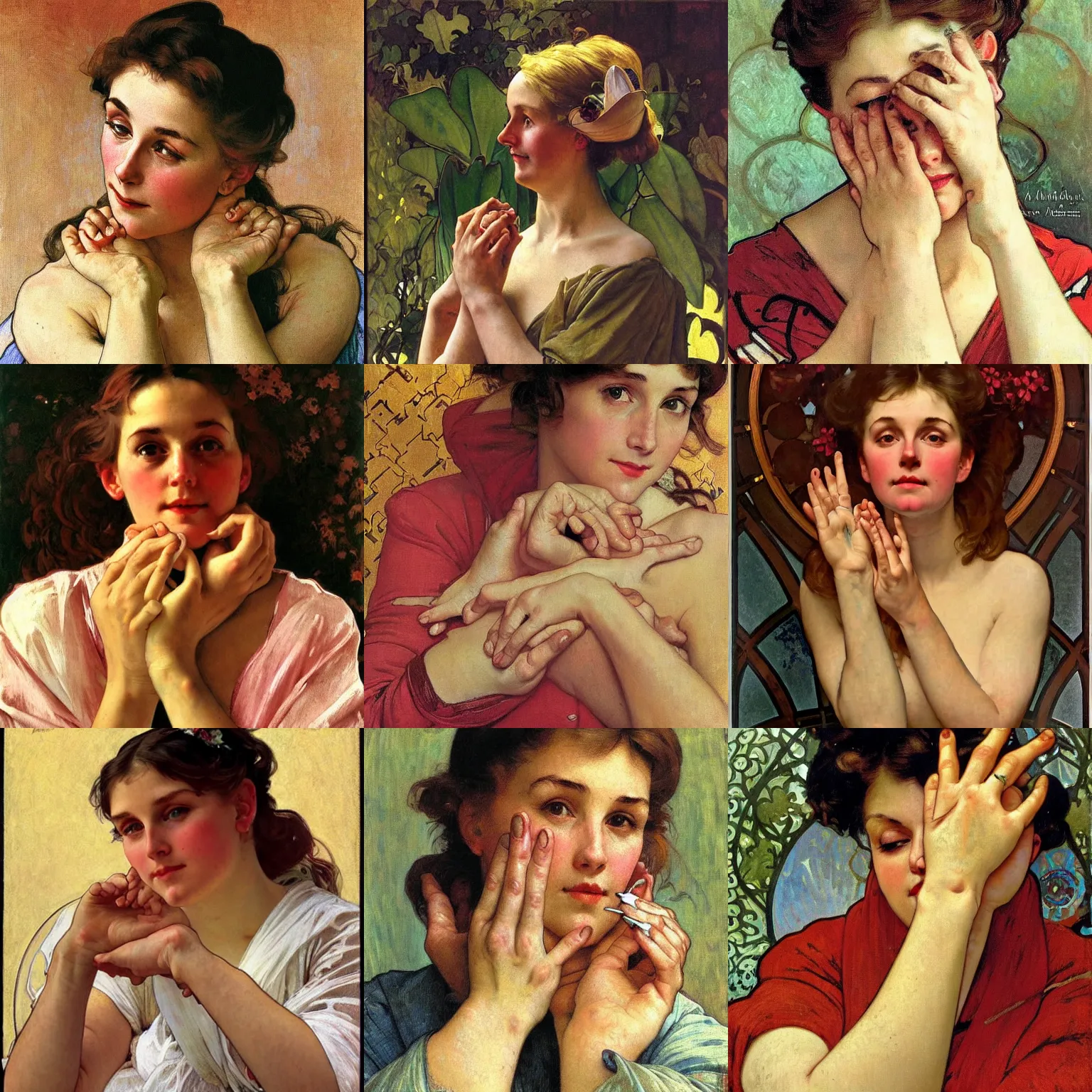 Prompt: portrait female hands, anatomy, close - up, bokeh, painting, by norman rockwell and alphonse mucha