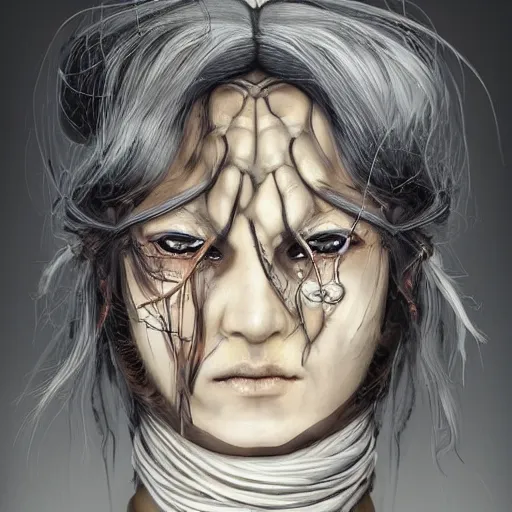 Image similar to portrait of a Shibari rope wrapped face and neck, headshot, insanely nice professional hair style, dramatic hair color, digital painting, of a old 17th century, old cyborg merchant, amber jewels, baroque, ornate clothing, scifi, realistic, hyperdetailed, chiaroscuro, concept art, art by Franz Hals and Jon Foster and Ayami Kojima and Amano and Karol Bak,