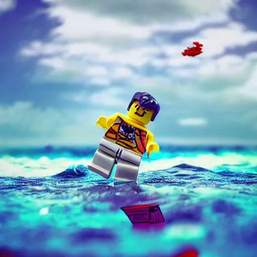 Image similar to lego blocks painting of astronaut in the ocean by fujita, goro, skies, realistic, colorful, positive vibes, cinematic, 3 d, hd