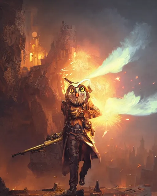 Image similar to oil painting of Owl Soldier holding steampunk gun, sharp focus, exploding golden steampunk city background, full body, heroic pose, fantasy style, octane render, volumetric lighting, 8k high definition, by greg rutkowski, highly detailed, trending on art Station, magic the gathering artwork, centered, dramatic artwork, combat scene