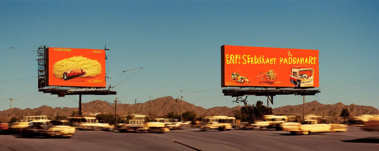 Prompt: spaghetti billboard advertisement, highway 5 0, arizona, sunset, canon 2 0 mm, f 1. 8, kodachrome, in the style of wes anderson