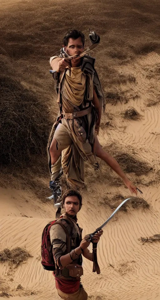 Prompt: movie still of a snake - human hybrid exploring a dune with treasure in his backpack and a sword in his hand, 4 k, detailed, landscape, realistic, polariod