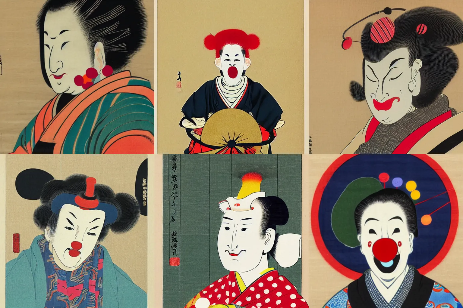 Prompt: a software developer wearing a clown costume. Ukio-e art.