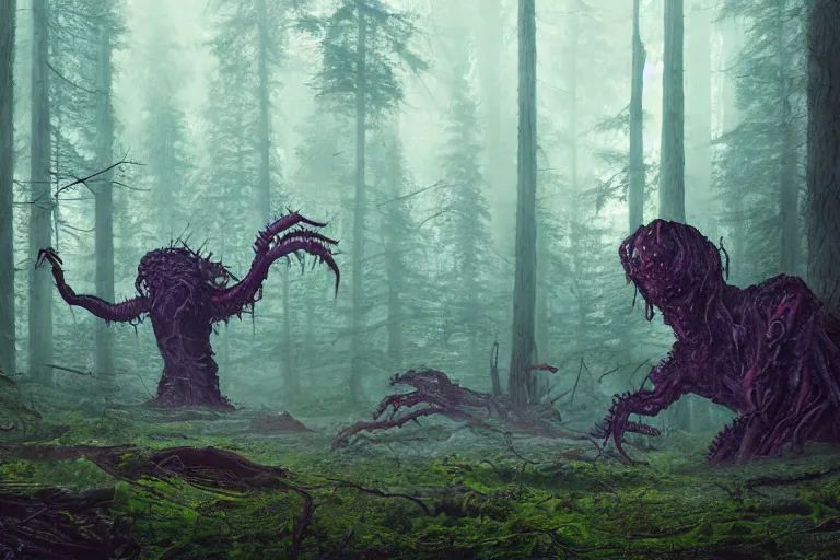 Image similar to creepy eldritch monster in a swedish forest, very low angle photograph, very detailed, trending on artstation, realistic, soft colors, simon stalenhag, lovecraft, horror