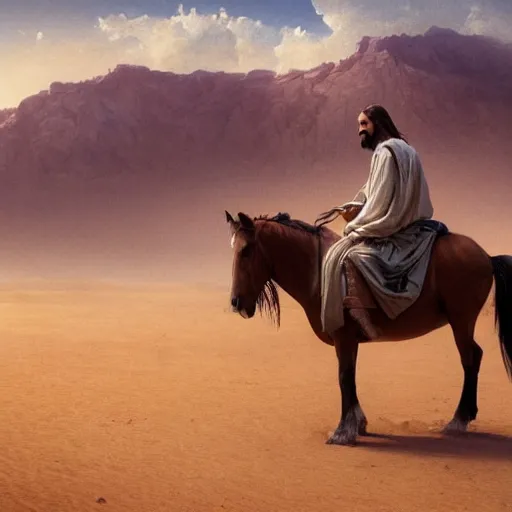 Image similar to jesus christ, riding a horse in the desert, by alyssa monks, by greg rutkowski, cinematic, canon