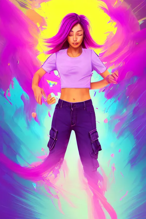 Image similar to a award winning half body porttrait of a beautiful woman in a croptop and cargo pants with ombre purple pink teal hairstyle with head in motion and hair flying, paint splashes, outrun, vaporware, shaded flat illustration, digital art, trending on artstation, highly detailed, fine detail, intricate