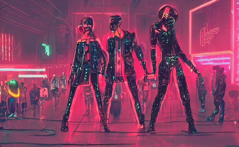 Prompt: cyberpunk fashion show featuring rejected mascots, digital painting, masterpiece, intricate detail, beautiful, gorgeous, cinematic, dramatic neon lighting, a cheering crowd, camera flashes from the crowd, 4k wallpaper, concept art