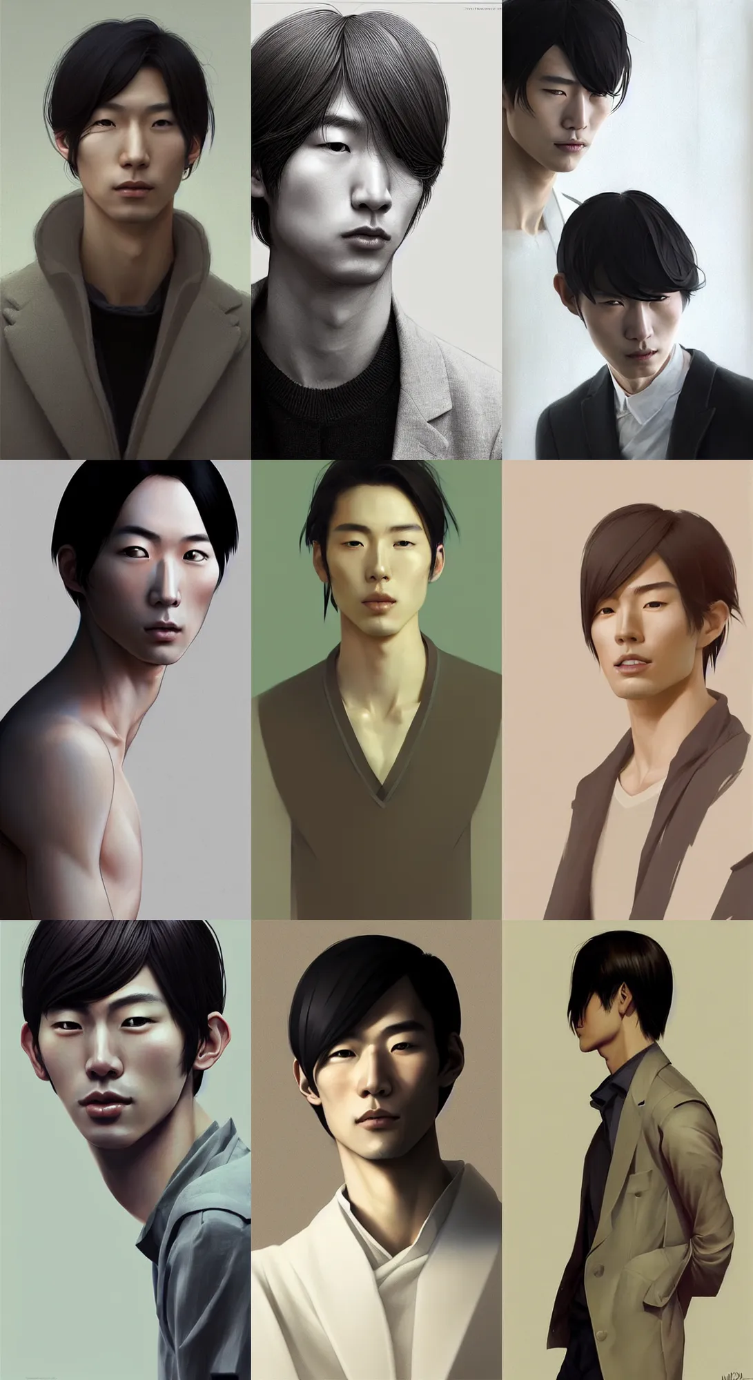 Prompt: Portrait of a handsome japanese male model without facial hair with long straight hair wearing minimalist fashion, a storybook illustration by Mandy Jurgens, cgsociety contest winner, action painting, artstation hd, kinetic, detailed painting, artstation, concept art, sharp focus, illustration, art by greg rutkowski and alphonse mucha official art, award-winning, dynamic pose, above view, sunny day, thunder clouds in the sky, artwork by Jeremy Lipkin and Giuseppe Dangelico Pino and Michael Garmash and Rob Rey, very coherent asymmetrical artwork, sharp edges, perfect face, simple form, 100mm