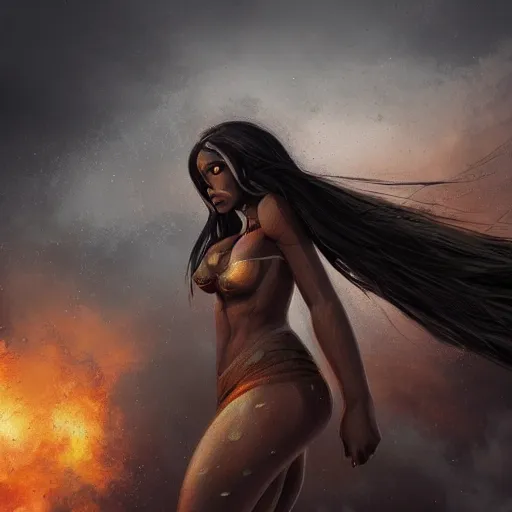 Prompt: a colossal goddess from above, creative, brown skin, giant, digital art, city, town, highly detailed, photo manipulation, up there, dark clouds, dark gray hair, digital painting, on fire, low angle, smoke, artstation