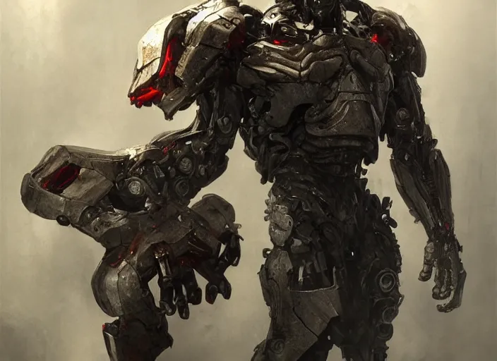 Image similar to willem dafoe as victor stone, full body concept, cyborg, borg, strogg, face of a man, terminator, flesh, quake strogg, doom demon, wolfenstein, monstrous, symmetry, symmetrical, concept art by ruan jia and greg rutkowski