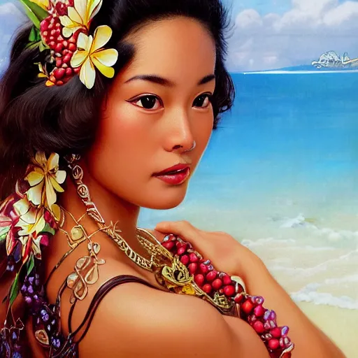 Prompt: extra perfectness hawaiian women, amateur, sweetest face, close - up, fashion model type, expansive dress with treasure's, gorgeous, extremely high details quality, bao phan, viktor safonkin, bruce pennington, larry elmore, norman rockwell, intricate, hyperrealistic matte painting, deep depth field, hd, hdr, 4 k, 8 k