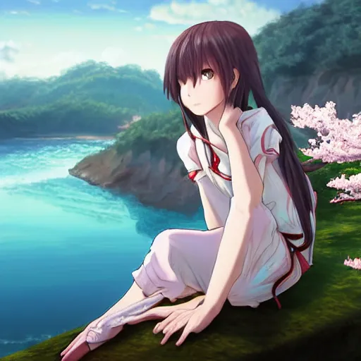 Image similar to Soft blur, digital art, anime, advanced digital art, girl sitting at the edge of a cliff overlooking a lake filled with sakura petals, light reflected on her face in the style of lariennechan. —W 1024 —H 1024