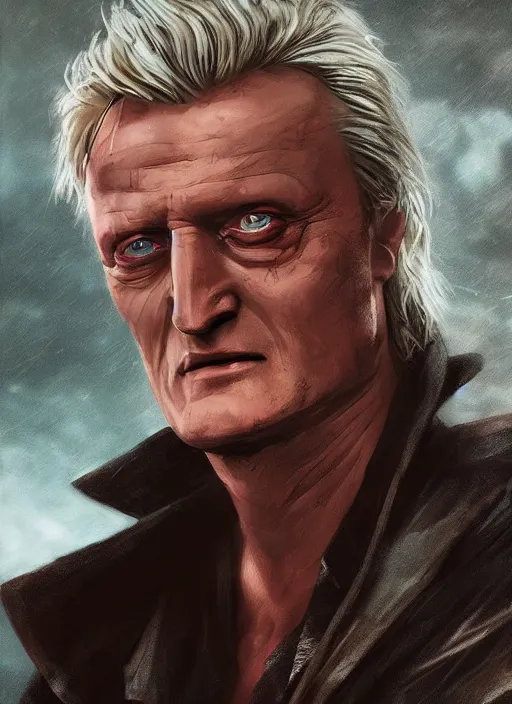 Image similar to A fantasy comic book style portrait painting of Rutger Hauer as a vampire hunter in a atmospheric dark fortress, unreal 5, DAZ, hyperrealistic, octane render, RPG portrait, ambient light, dynamic lighting