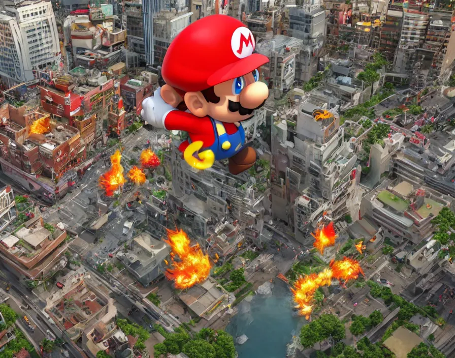 Prompt: giant mario destroying the city in japan, realistic 3 d, hd, hdr, ue 5, ue 6, unreal engine 5, cinematic 4 k wallpaper, 8 k, ultra detailed, by popular digital, details, beautiful image ever created, high resolution, artstation, award winning