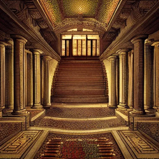 Prompt: fine concept art of a scene representation inspired by the song Hall of the Stairs / Hall of the Mosaics by Andreas Vollenweider, highly realistic and detailed, intricate, cinematic lighting