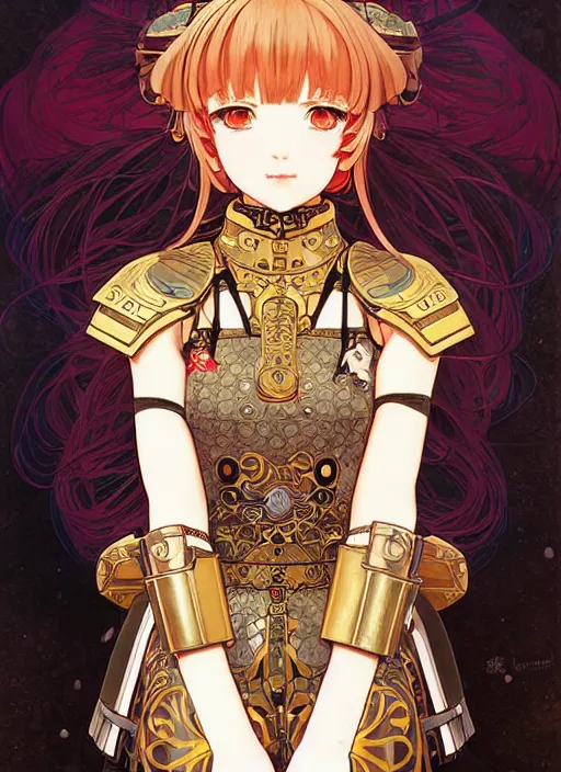 Image similar to ilya kuvshinov anime knight girl in ornate armor, last exile, murata range, fine detail, perfect anime face, dramatic lighting, dynamic composition, gustav klimt, art deco, cel shading, vivid, rich texture, ( ( ( yoshinari yoh ) ) ), alphonse mucha, ( ( ( colorful ) ) ),