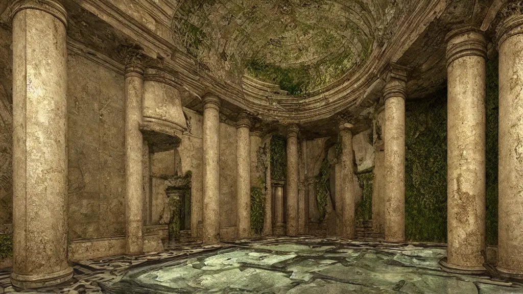 Prompt: roman bath, marblefloor, golden snakes, mossy pillar, ruin, godrays, cgsociety,