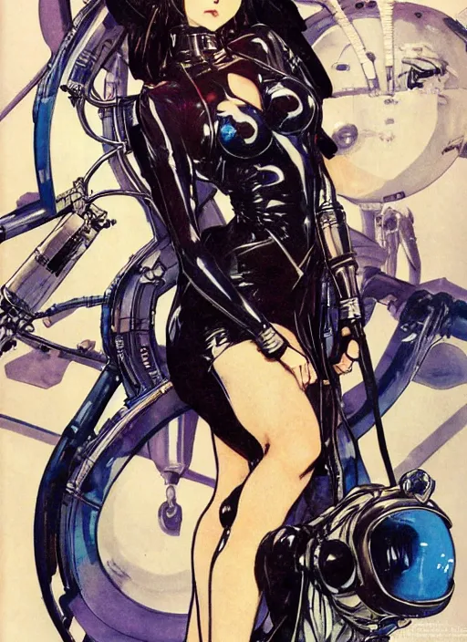 Prompt: a copic maker art nouveau manga cover portrait of an anime pale edgy girl on a futuristic latex pilot suit by john berkey norman rockwell