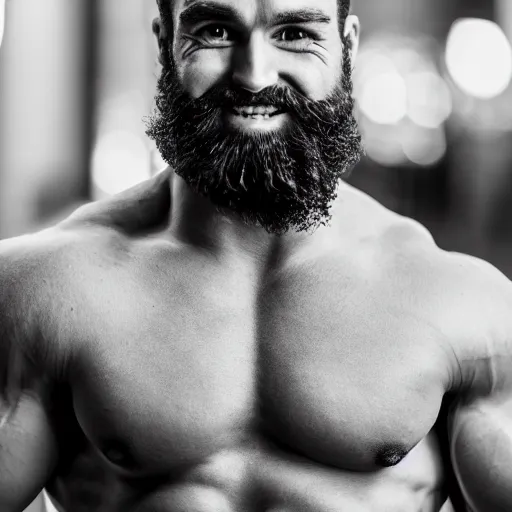 Image similar to Black and white photography of a very muscular man smiling with a chiseled jawline and trimmed beard