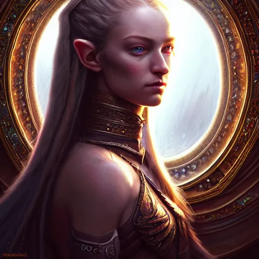 Image similar to Majestic and regal portrait of a riveting and awe inspirin girl High Elf nobility, intricate, epic, elegant, menacing, fantasy, photo realistic, digital painting, hard focus, beautiful volumetric lighting, epic light, ultra detailed, by Leesha Hannigan, Ross Tran, Thierry Doizon, Kai Carpenter, Ignacio Fernández Ríos