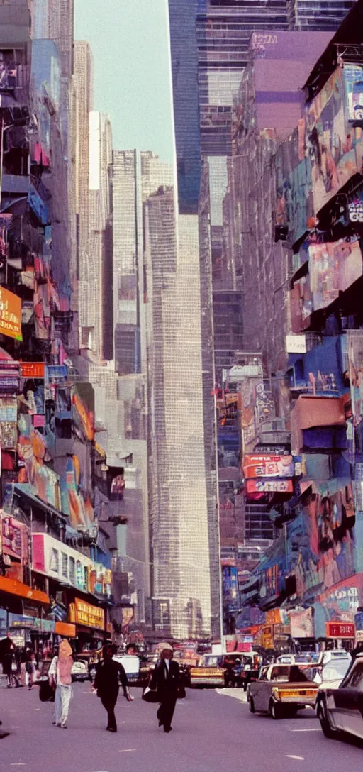 Prompt: a colorful 1 9 8 0 s bustling city street with pedestrians and skyscrapers