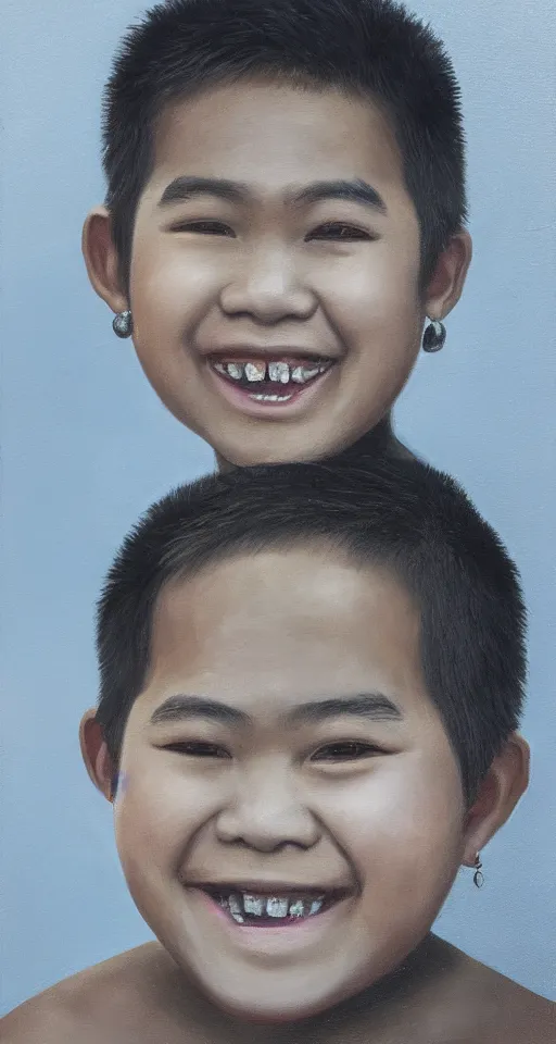 Prompt: oil portrait of a teenage chubby filipino boy smiling with crooked teeth, with a curly perm, and with small studded earings, 4 k, photorealistic, high detail