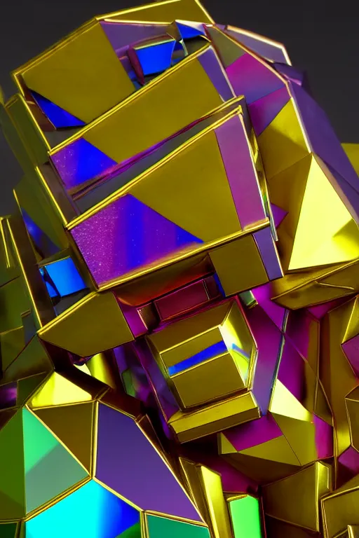 Image similar to a multicolored bismuth golem, an abstract sculpture by ryusei kishida, polycount, crystal cubism, angular, iridescent, made of crystals : : extremely high details, masterpiece, photorealistic, hyperrealism, vray, octane render, volumetric lighting, depth of field, bokeh, artstation, cgsociety