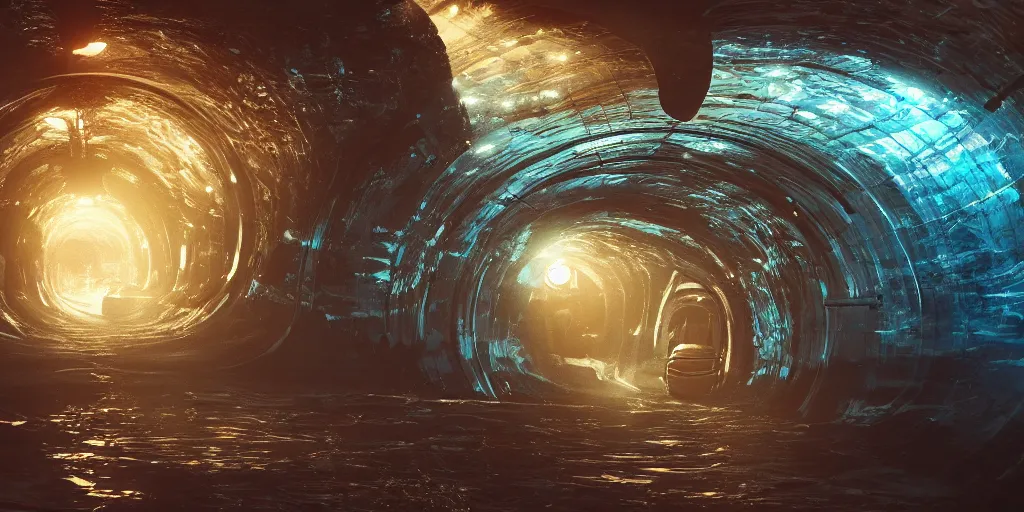 Image similar to transparent subsea tunnel, science fiction, beautiful, cinematic lighting, intricate details, octane rendering, trending on artstation, featured on behance.