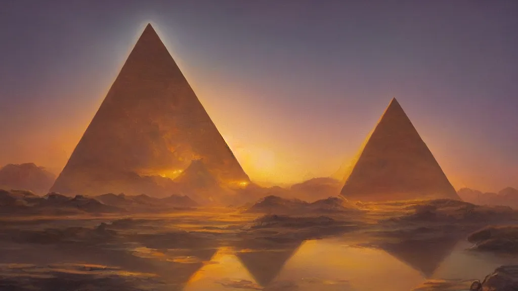 Prompt: Trending on artstation, beautiful pyramid with golden tip illuminated by the sunset, detailed matte painting, oil on canvas