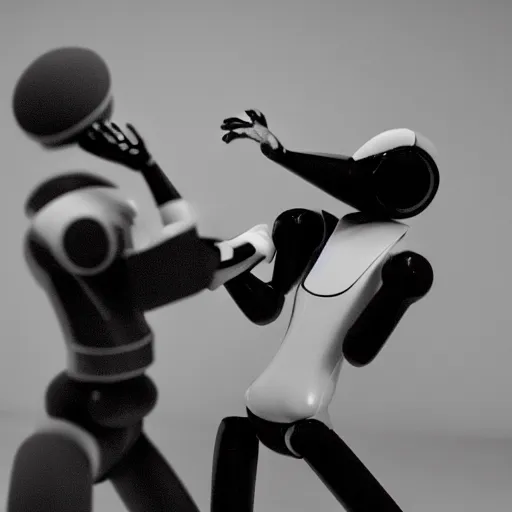 Prompt: black-and-white photo of two robots dancing tango