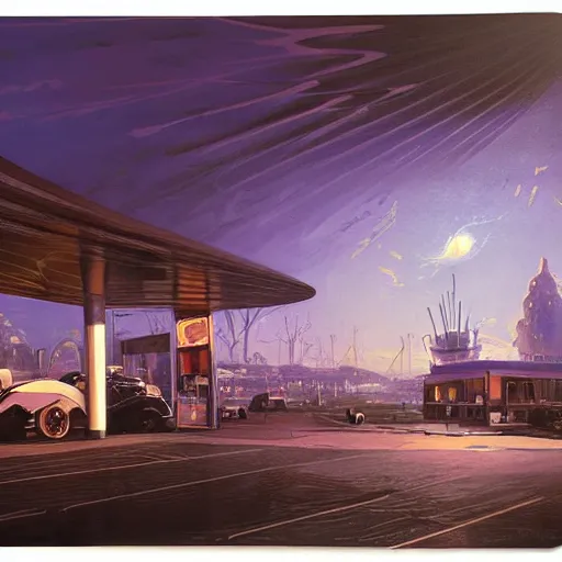 Prompt: painting of syd mead artlilery scifi organic shaped gas station with ornate metal work lands on a farm, filigree ornaments, brutalist architecture volumetric lights, purple sun, andreas achenbach